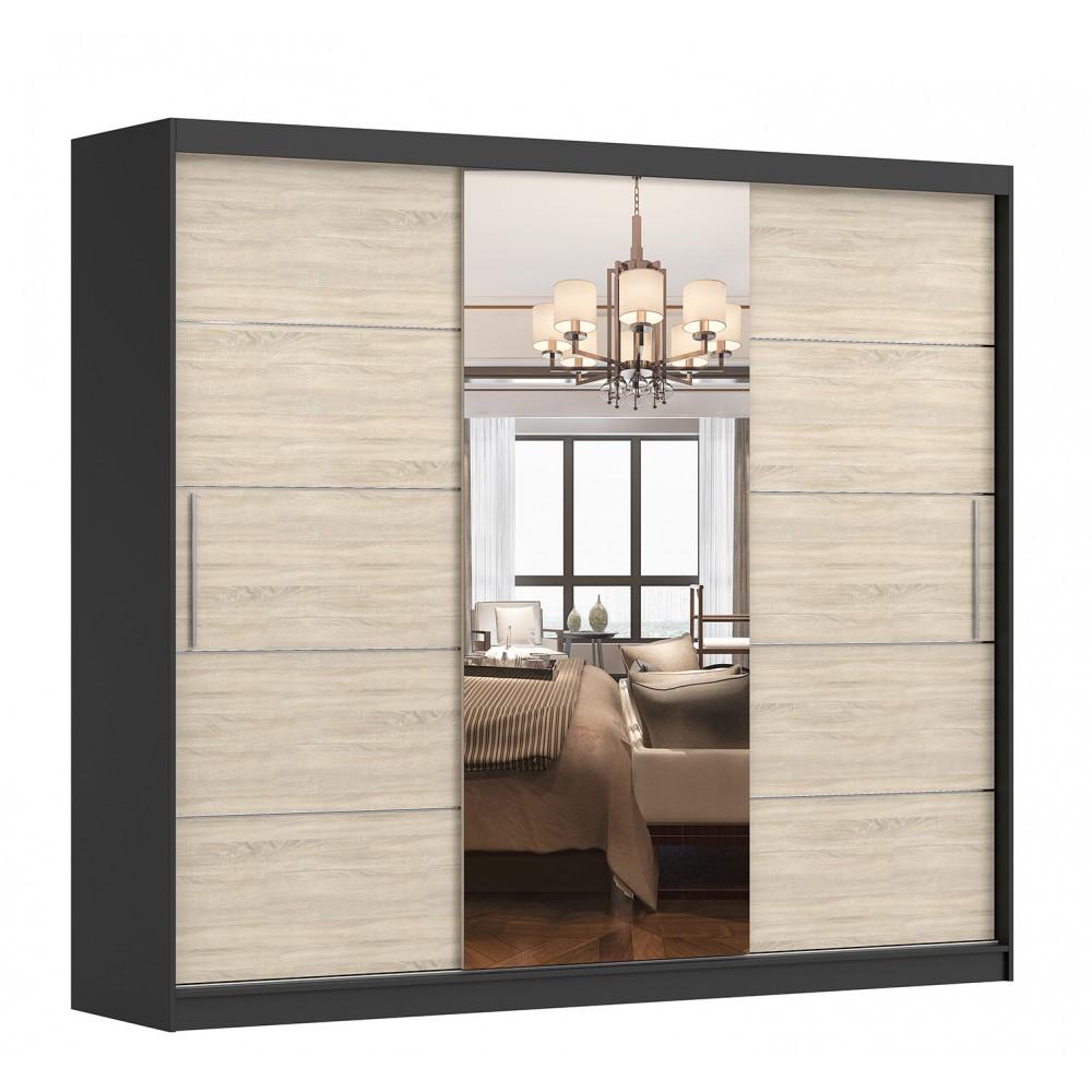 SCHWEBETÜRENSCHRANK Alba Schwarz/Sonoma Eiche + Spiegel, mit LED-Beleuchtung 250 cm - Alufarben/Schwarz, Glas/Holzwerkstoff (250/218/61cm) - imoebel24