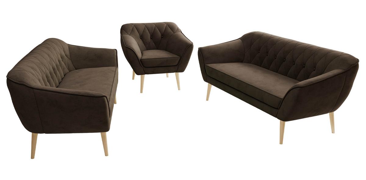SITZGARNITUR PIRS 3+3+1 - Braun Velvet - Holzbeine - Dunkelbraun/Buchefarben, Holzwerkstoff/Textil (180/75/74cm) - MKS