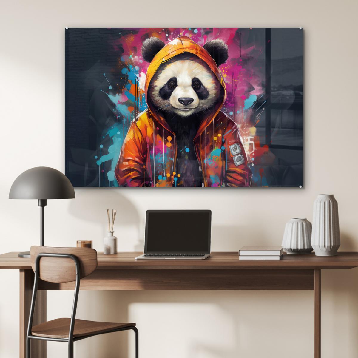 ACRYLGLASBILD Panda - Jacke - Graffiti - Orange Wandbild Schlafzimmer 120x80 cm - Orange, Glas (120/80cm) - MuchoWow