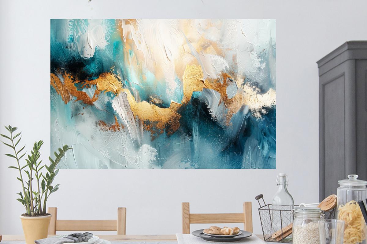 WANDTATTOO Abstrakt - Kunst - Gold - Blau Wandsticker 120x80 cm - Petrol, Kunststoff (120/80/0.1cm) - MuchoWow