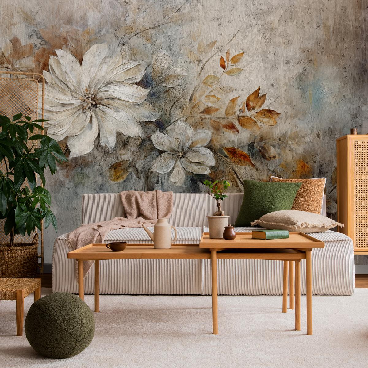 FOTOTAPETE für Wohnzimmer Retroblumen Blätter Beton Abstraktion Pflanzen 100x70 - Multicolor, Papier (100/70cm) - Muralo