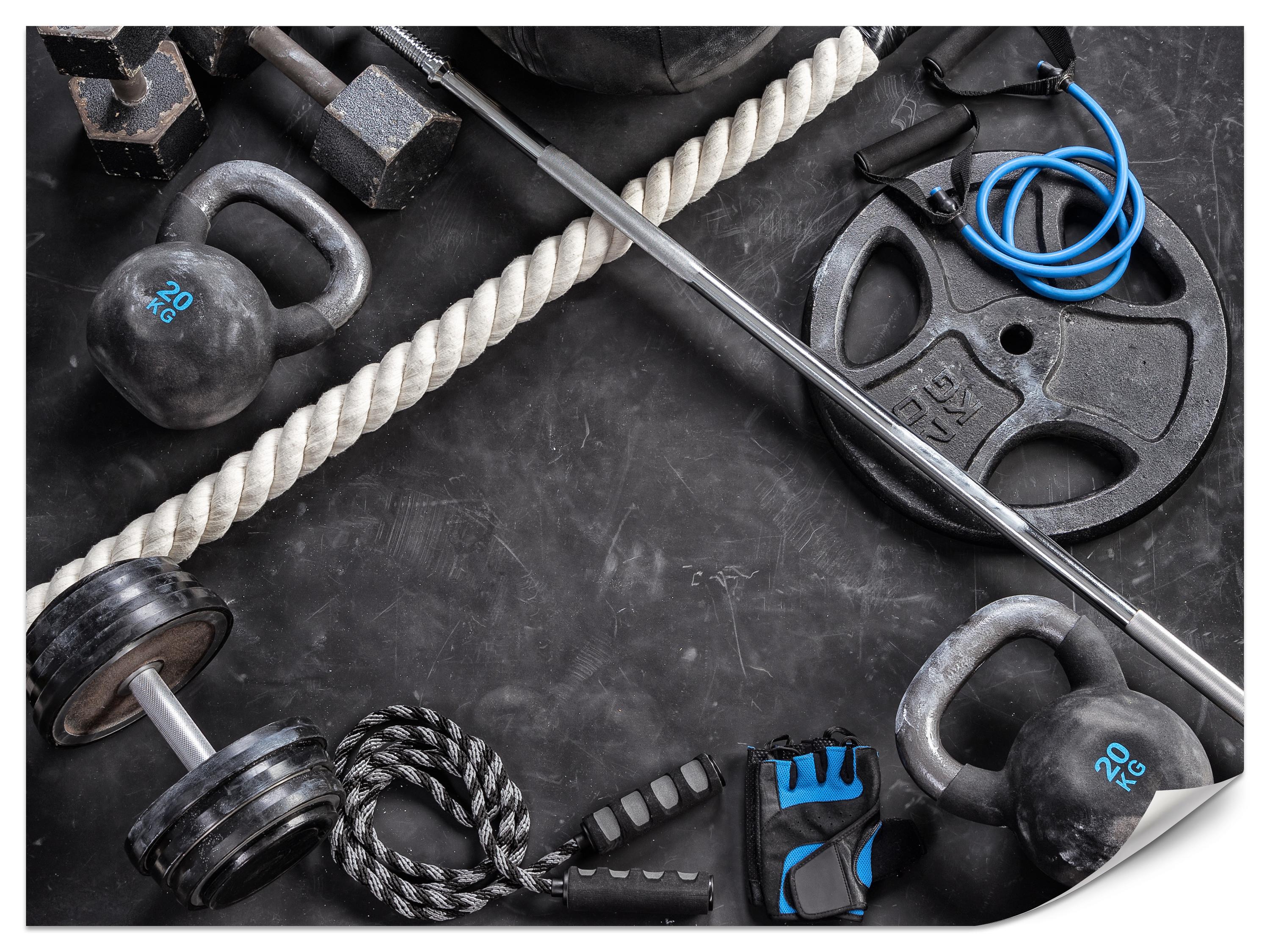 FOTOTAPETE für Fitnessstudio Sportgeräte zum Trainieren Kettlebells Hanteln 150x105 - Blau/Creme, Papier (150/105cm) - Muralo