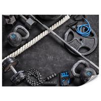 FOTOTAPETE für Fitnessstudio Sportgeräte zum Trainieren Kettlebells Hanteln 150x105 - Blau/Creme, Papier (150/105cm) - Muralo