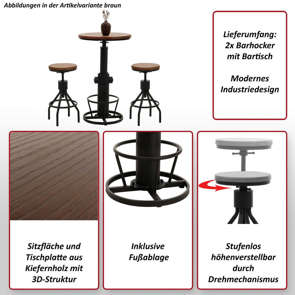 SET BARTISCH + BARHOCKER Kiefer Dekor 3er-Set - Kieferfarben, Holz (61/123/61cm) - MCW
