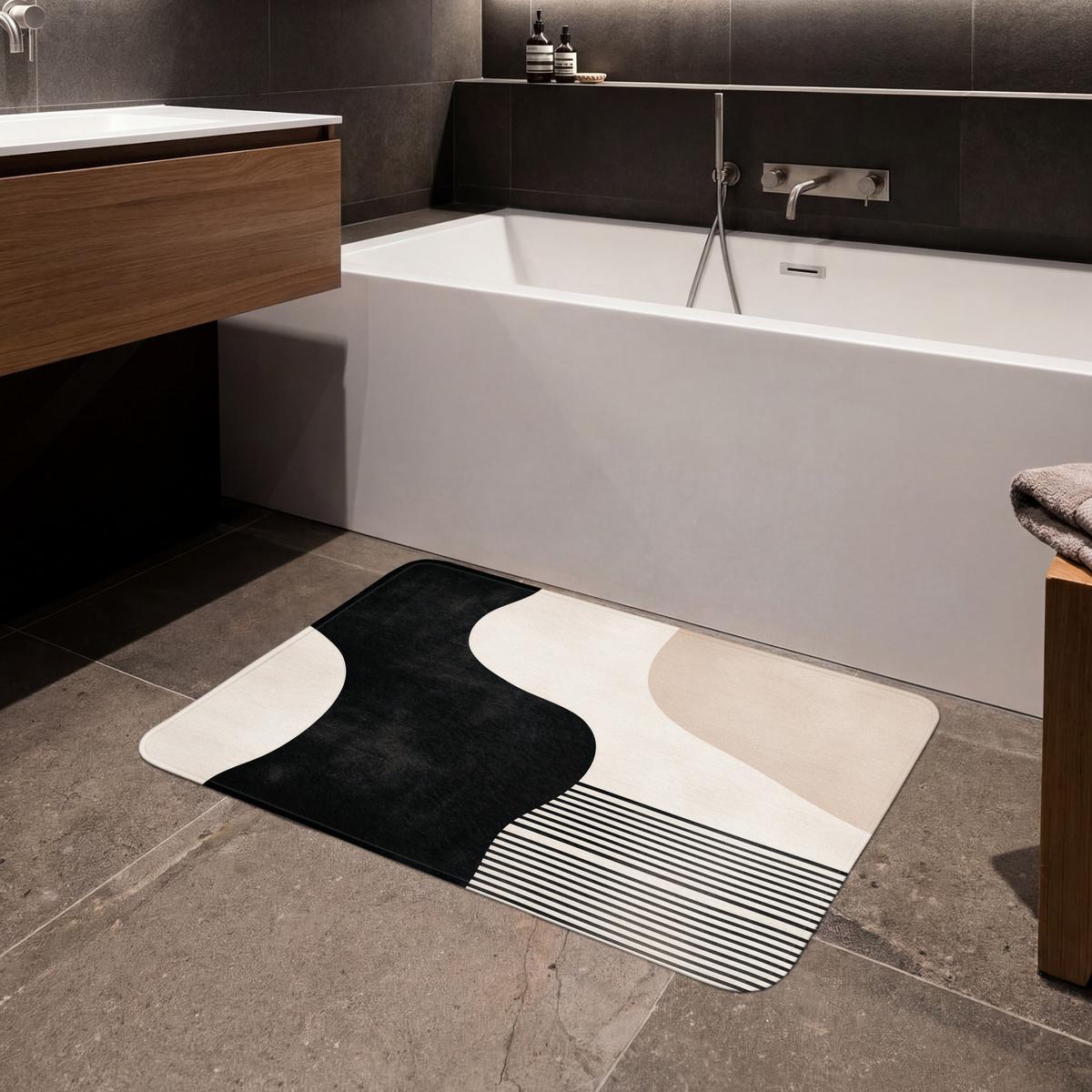 BADEMATTE Abstrakt - Japandi - Beige - Modern 90x60 cm - Beige/Schwarz, Textil (90/60cm) - OnlyWow