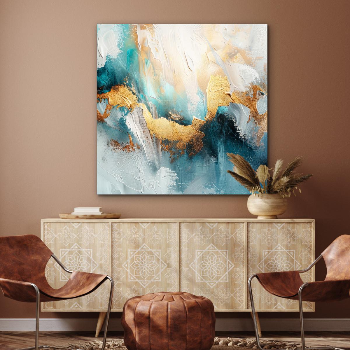METALLBILD Abstrakt - Kunst - Gold - Blau 90x90 cm - Petrol, Metall (90/90cm) - MuchoWow