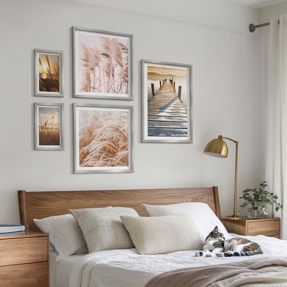 BILDER SET 5er Set - 50x50 cm & 20x30 cm & 40x60 cm Silberner Rahmen - Boho-Grasfeld-Sonnenuntergang - Silberfarben, Kunststoff (40/60cm) - TULUP
