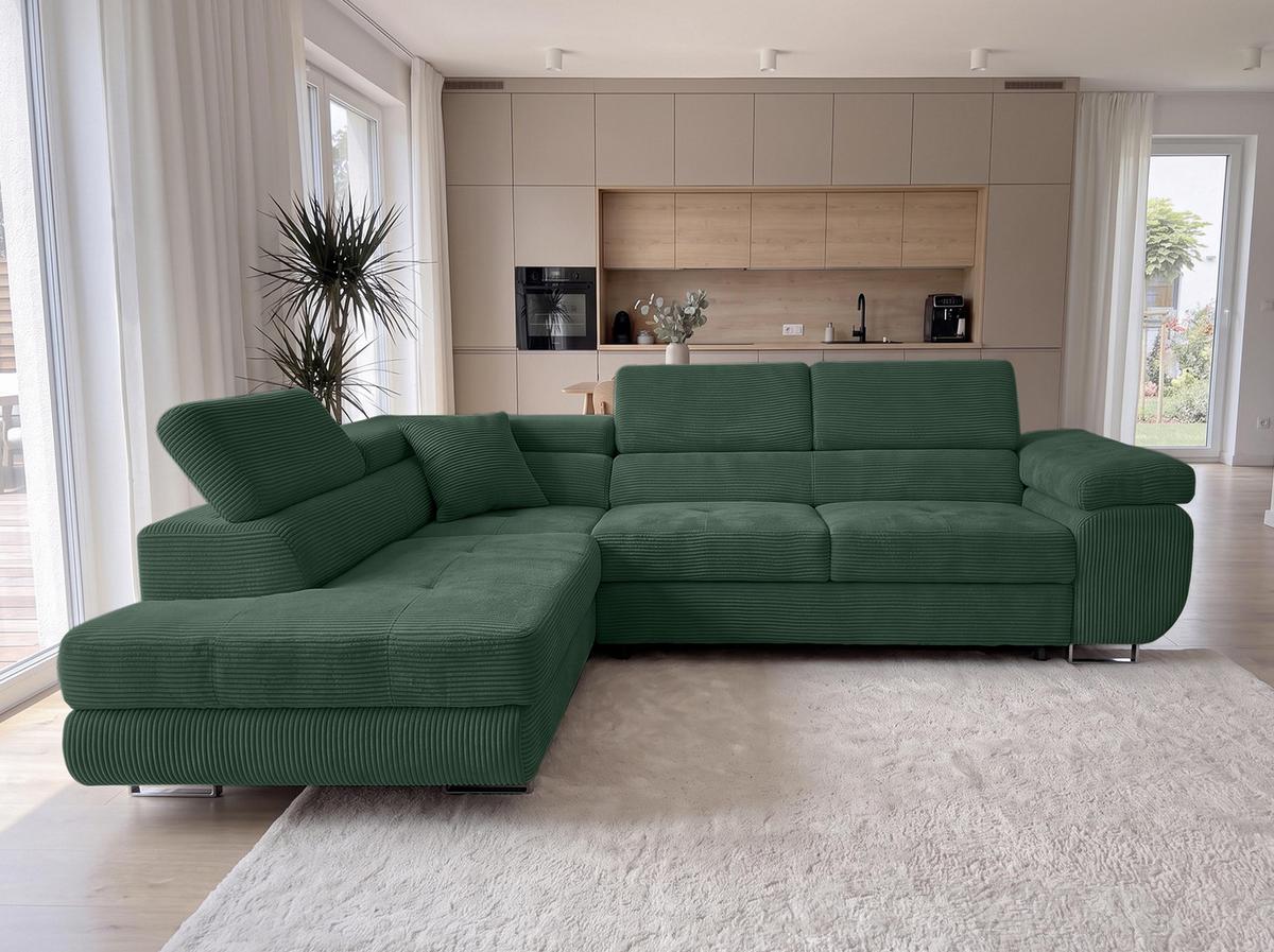 ECKSOFA L Form Konak Flaschengrün 276/201/90 cm Links mit Schlaffunktion - Dunkelgrün/Silberfarben, Textil/Metall (203/276cm) - AX Living