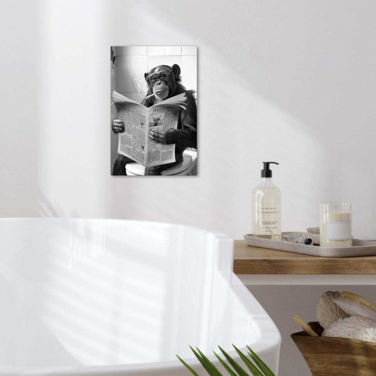 LEINWANDBILD Affe - WC - Zeitung - Schwarz-Weiß - Humor Deko Wohnzimmer 20x30 cm - Hellgrau, Textil (20/30cm) - MuchoWow
