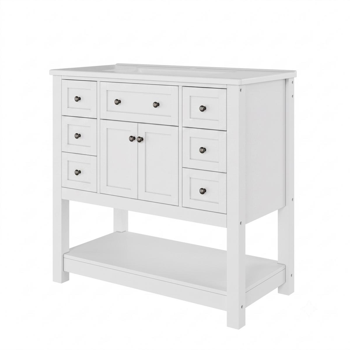 WASCHTISCH Freistehend Weiß mit Keramikbecken, 6 Schubladen & Regal - Weiß, Holzwerkstoff (91.5/90/46.5cm) - Urban Meuble
