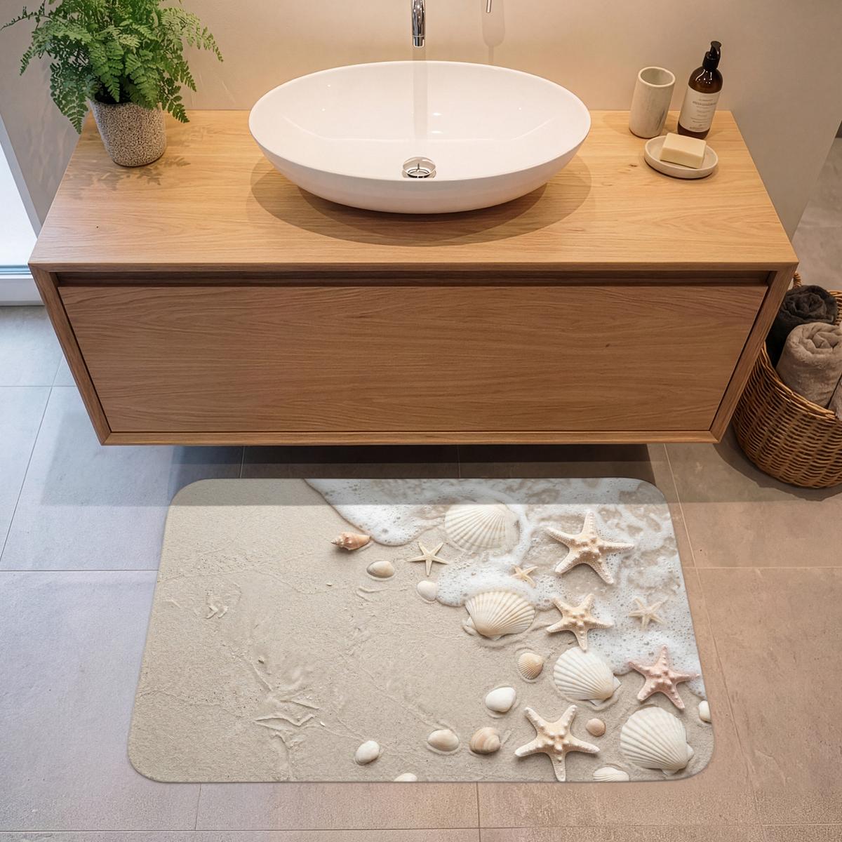 BADEMATTE Muscheln - Seesterne - Strand 90x60 cm - Sandfarben/Creme, Textil (90/60cm) - OnlyWow
