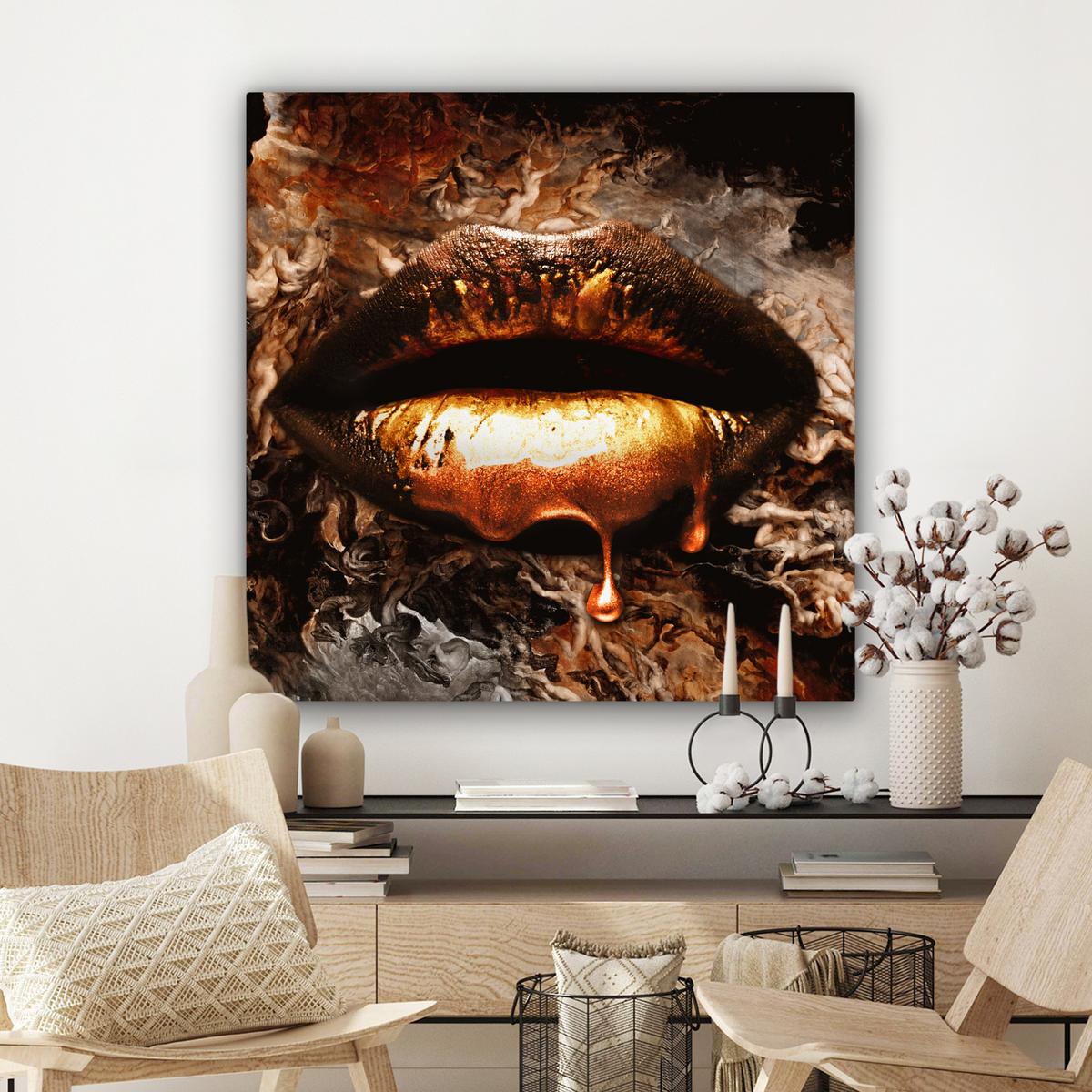 LEINWANDBILD Gold - Lippen - Kunst - Gold - Luxus - Abstrakt Deko Groß 90x90 cm - Kupferfarben, Textil (90/90cm) - MuchoWow