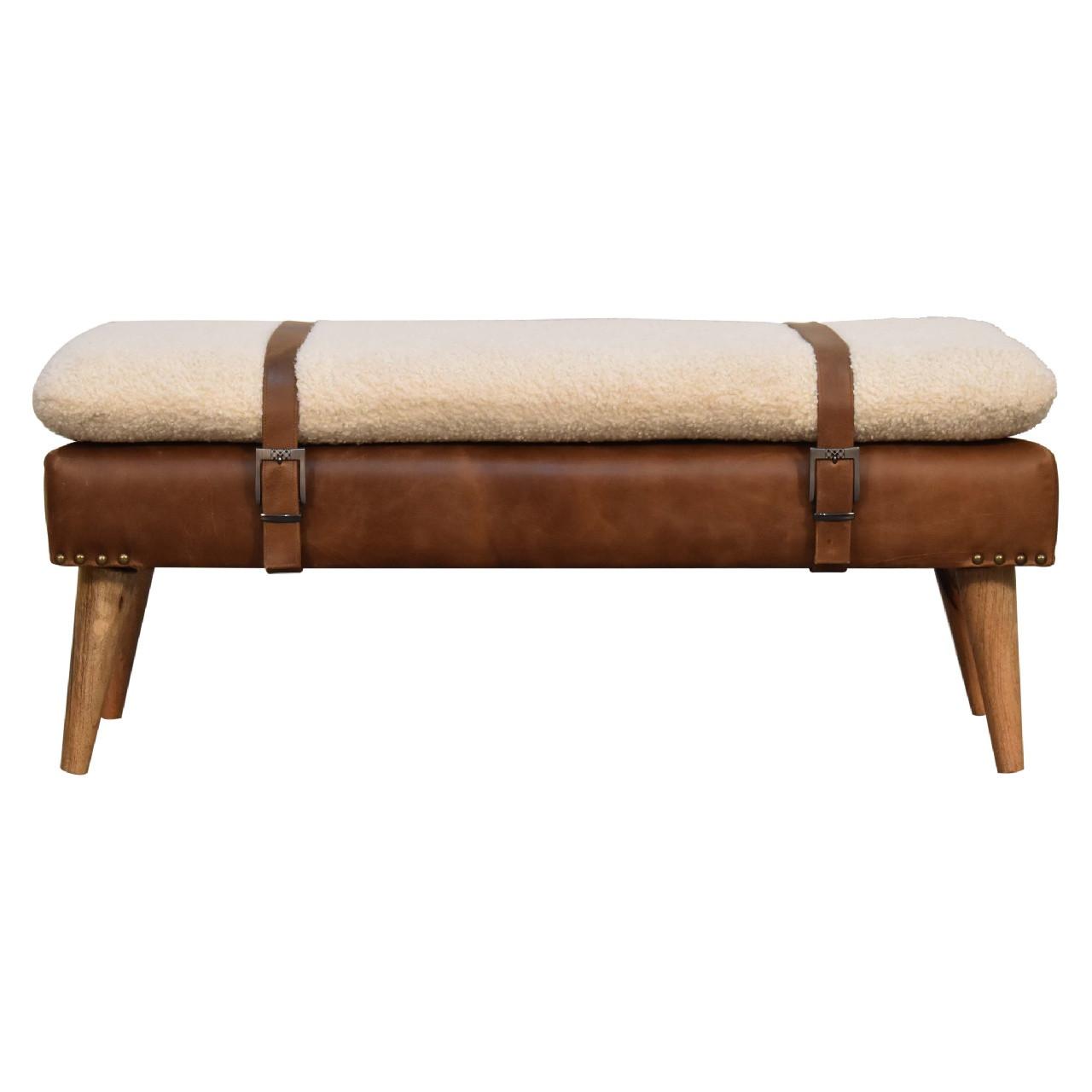 SITZBANK Bouclé-Leder Gepolstert, Nordische Beine Beige und Braun - Messingfarben/Braun, Holz/Metall (90/40/35cm) - Artisan Furniture
