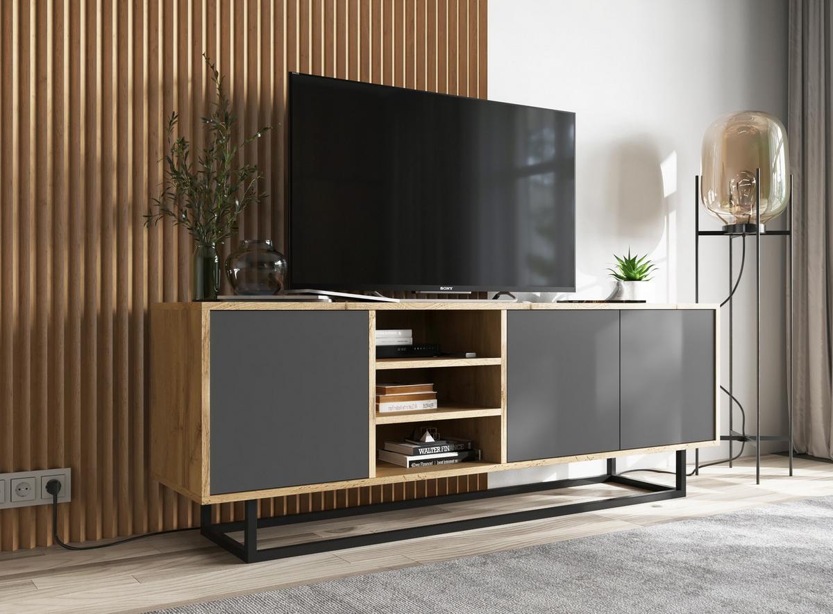 TV-LOWBOARD Apollo Eiche wotan Graphit Matt 150/53/35 cm - Graphitfarben/Schwarz, Holzwerkstoff/Metall (150/53/35cm) - Meble Lindner