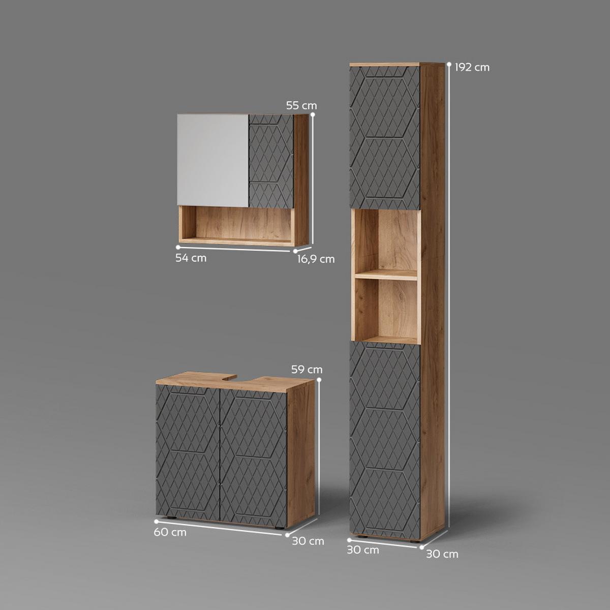 BADMÖBEL-SET Ronco Anthrazit mit Wabenstruktur 3 Teile, mit Hochschrank - Anthrazit, Holzwerkstoff (60/59/30cm) - Livinity®