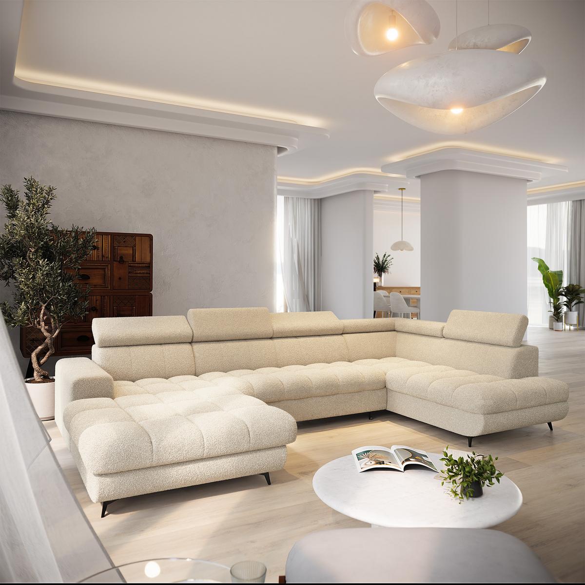 WOHNLANDSCHAFT CORENO Creme Boucle-Stoff mit Schlaffunktion - Creme, Holz (345/88/190cm) - MASSENO