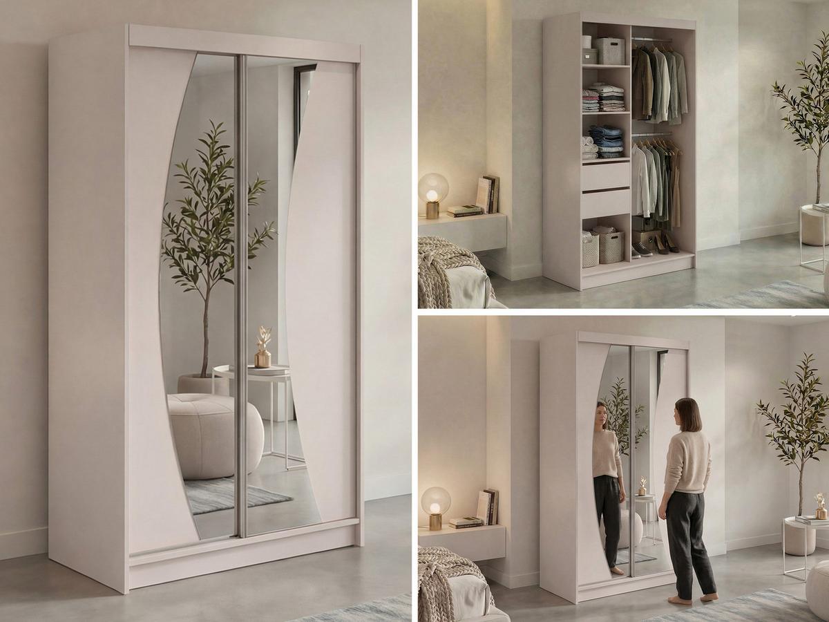 SCHWEBETÜRENSCHRANK mit Schubladen 120 - VERONA - Kaschmir mit Spiegel - Kaschmir/Alufarben, Holzwerkstoff/Metall (120/216/61cm) - MKS