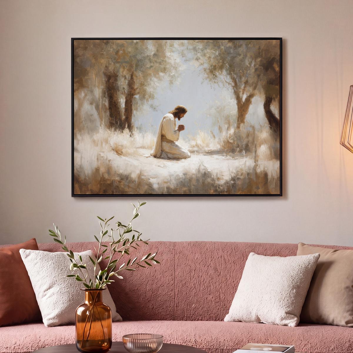 LEINWAND Bilder mit Rahmen - Jesus - Kniend - Waldlandschaft - Betend - 100x70 - Beige, Textil (100/70cm) - MuchoWow