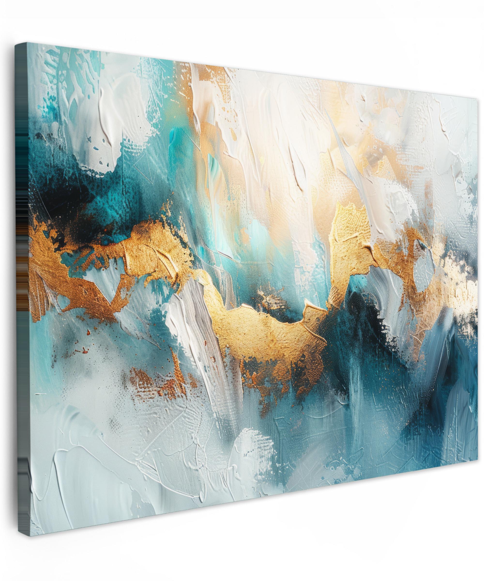LEINWANDBILD Abstrakt - Kunst - Gold - Blau Wandbild 40x30 cm - Petrol, Textil (40/30cm) - MuchoWow