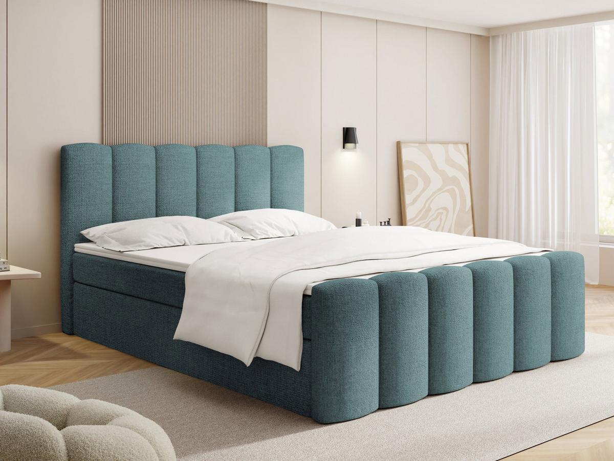 BOXBETT Serenity mit Bettkasten, Türkis Chenille 200x200 cm – inkl. H4 Taschenfederkern Matratze & Foam Topper - Türkis/Schwarz, Holz/Holzwerkstoff (200/200cm) - WFL GROUP