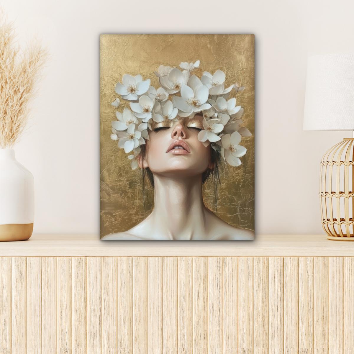 LEINWANDBILD Gesicht - Blumen - Gold - Abstrakt Room Decor 30x40 cm - Goldfarben, Textil (30/40cm) - MuchoWow