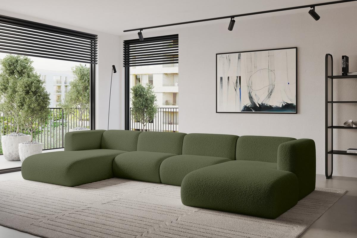 WOHNLANDSCHAFT MIRA-U2 408x179x70 Grün Bouclé - Schwarz/Olivgrün, Holzwerkstoff/Kunststoff (408/70/179cm) - ALTDECOR