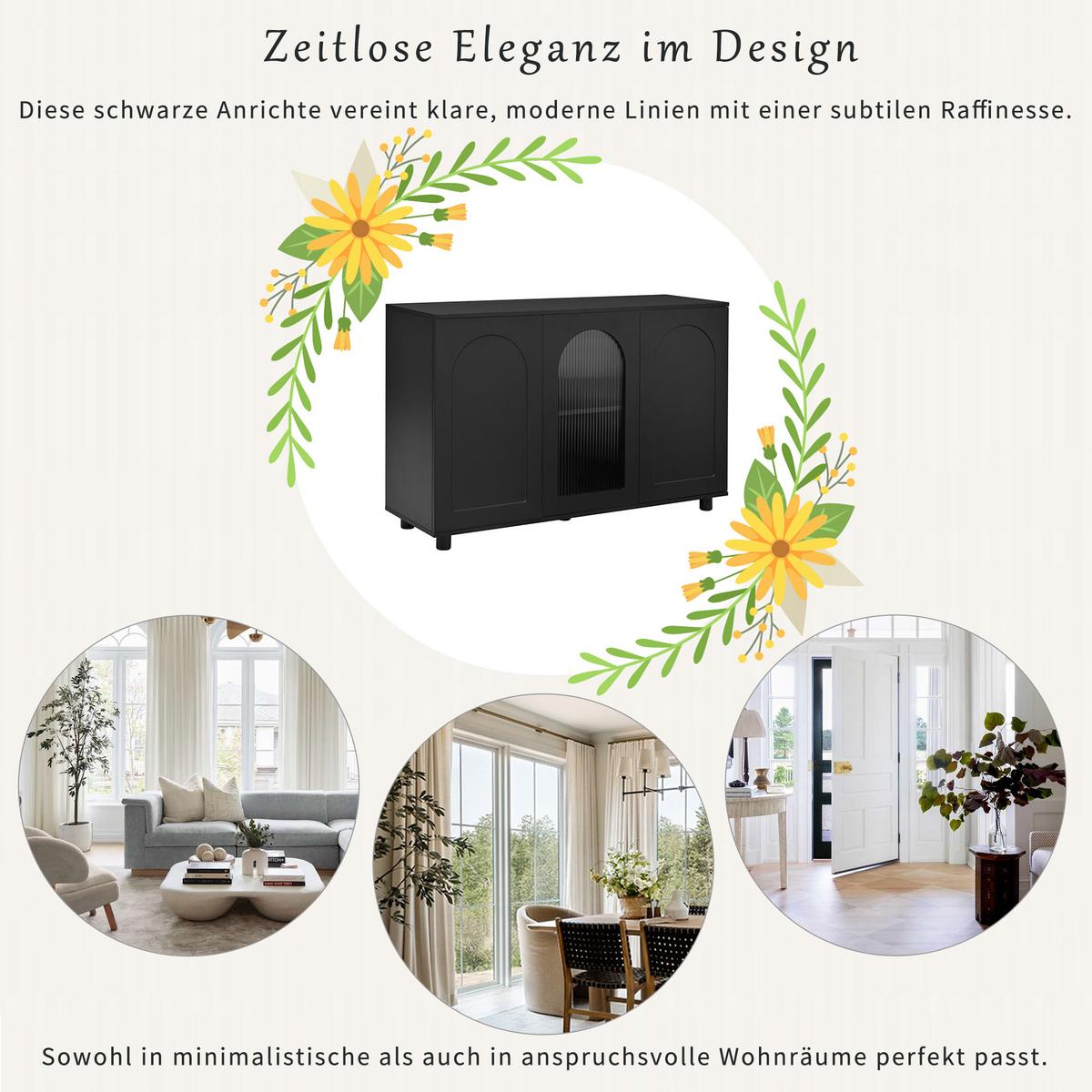 SIDEBOARD 120 cm Schwarz MDF mit Glastür, Push-to-Open und verstellbaren Regalen - Schwarz, Holzwerkstoff (120/78.5/40cm) - Urban Meuble