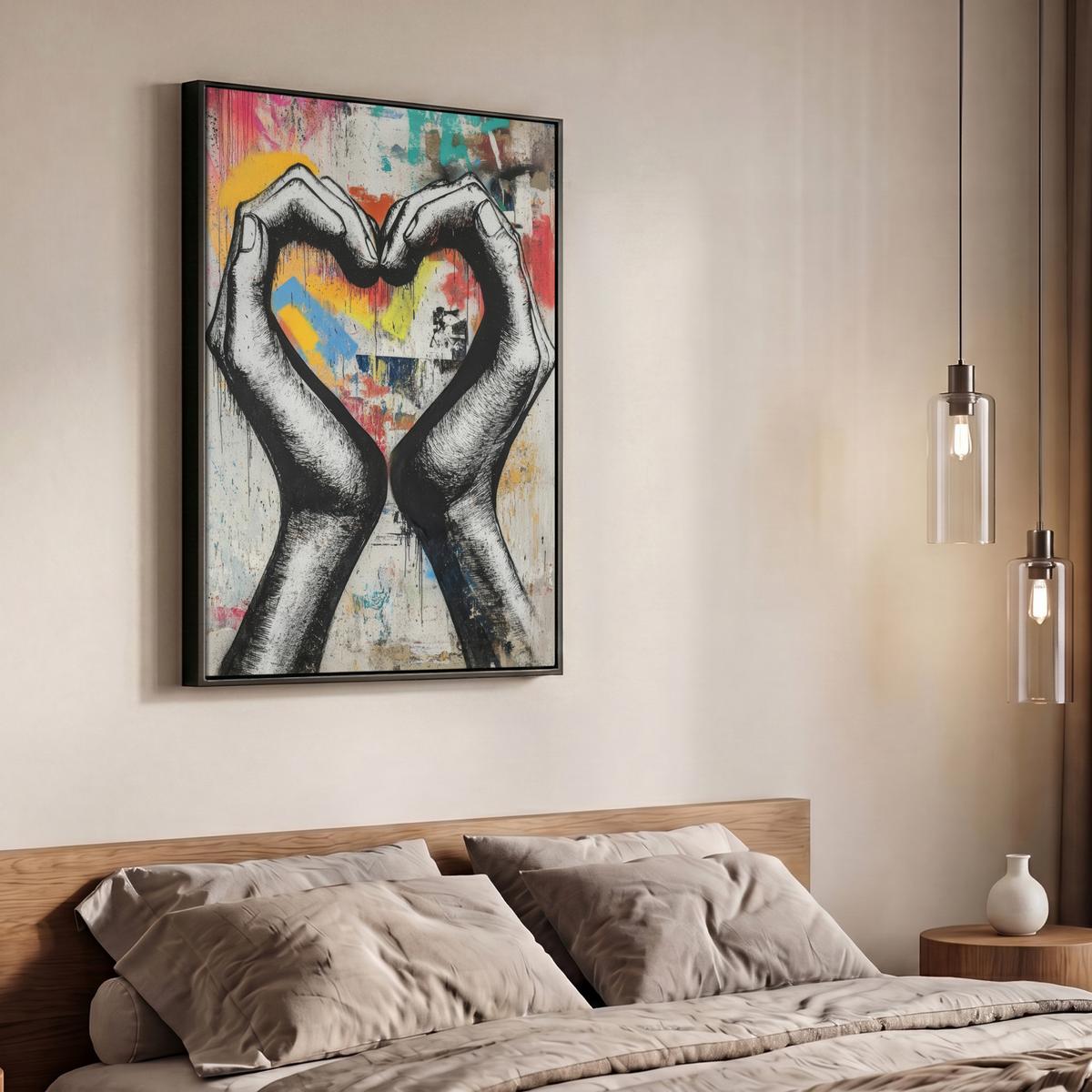 LEINWAND Bilder mit Rahmen - Hände - Herz - Straßenkunst - Graffiti - 70x100 - Multicolor, Textil (70/100cm) - MuchoWow