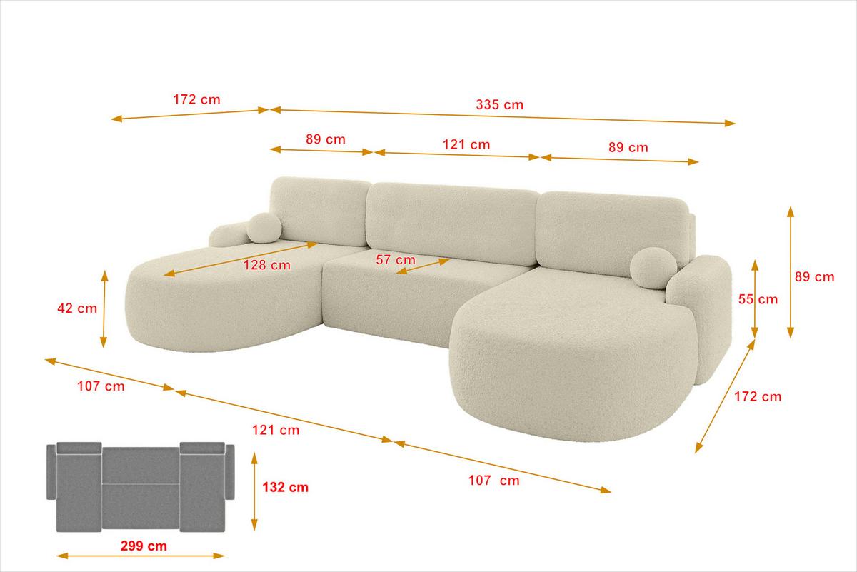 WOHNLANDSCHAFT mit Schlaffunktion und Bettkasten LIRA-U - 335x172x89 Beige - Creme, Holzwerkstoff/Textil (335/89/172cm) - ALTDECOR