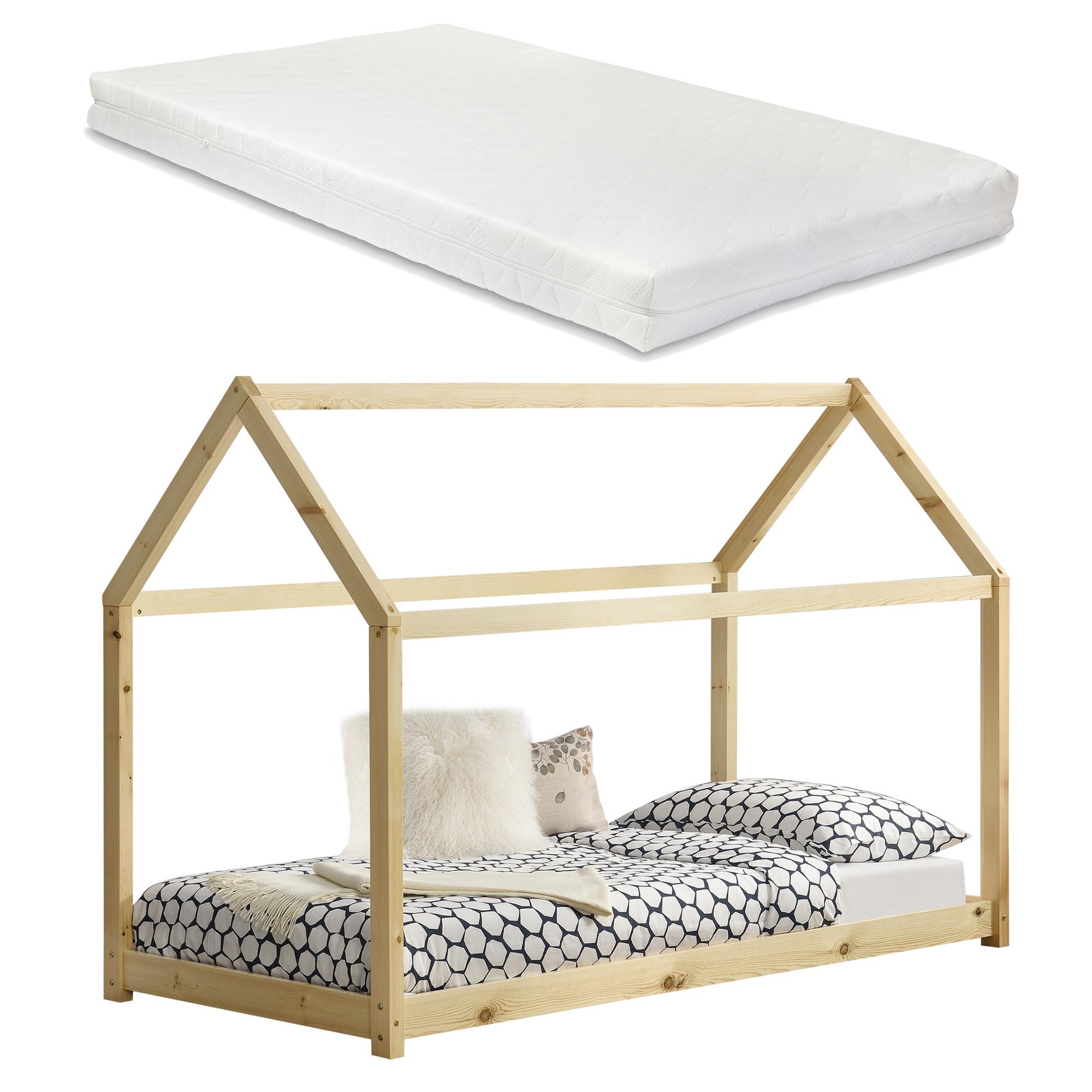 HAUSBETT Netstal mit Matratze - Naturfarben, Holz/Textil (90/200cm) - [en.casa]