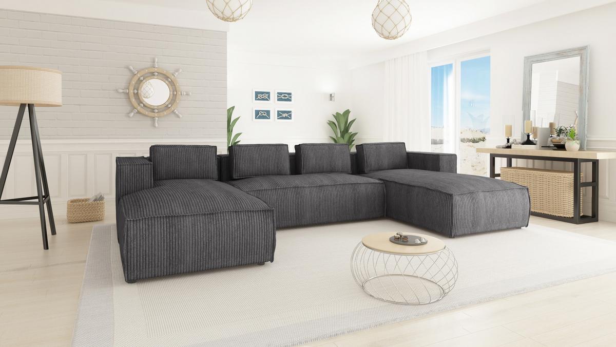 WOHNLANDSCHAFT Nova Grau Cord - Schwarz/Grau, Holz/Kunststoff (327/64/176cm) - S-Style Möbel