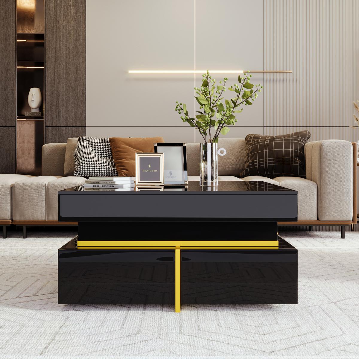 COUCHTISCH mit goldenen akzenten, 2 schubladen & kompaktes design - Schwarz, Holzwerkstoff (70/70/35.5cm) - Urban Meuble