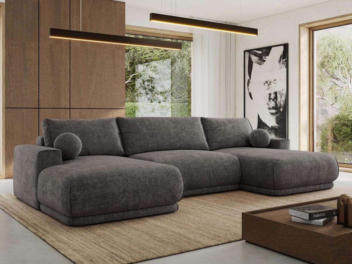 WOHNLANDSCHAFT RINA U Grau Schenille grob gewebt - Schwarz/Grau, Kunststoff/Textil (360/85/170cm) - MKS