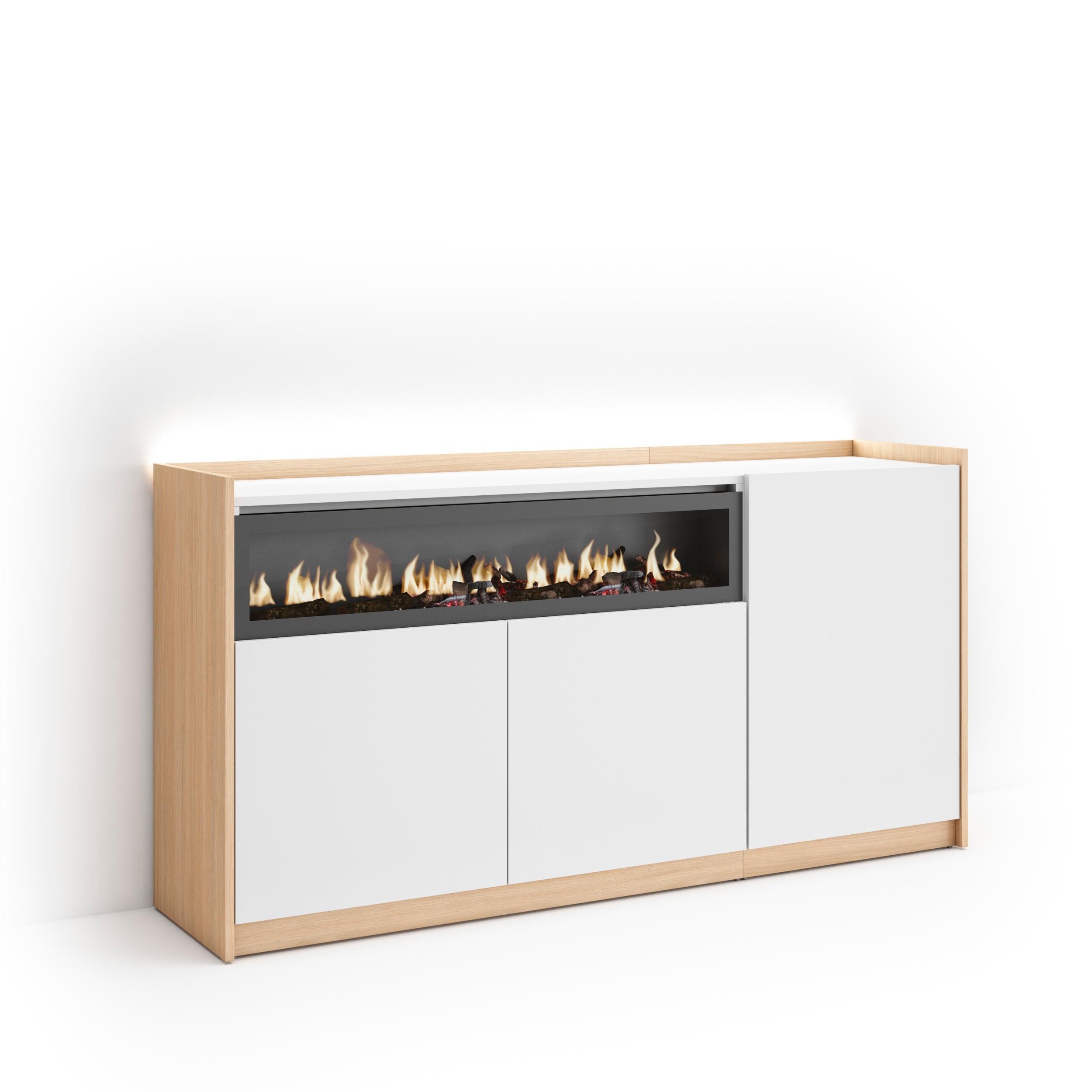 SIDEBOARD, Weiß und Eiche, 156/37/80cm, Kamin mit Feuereffekt - Weiß, Holzwerkstoff (156/80/37cm) - Skraut Home