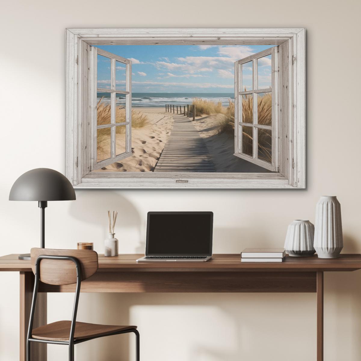 AKUSTIKBILD Fenster - Meer - Küste - Natur - Ausblick - Strand - Wattenmeer Wandbild Wohnzimmer 100x70 cm - Beige, Kunststoff (100/70/0.9cm) - MuchoWow