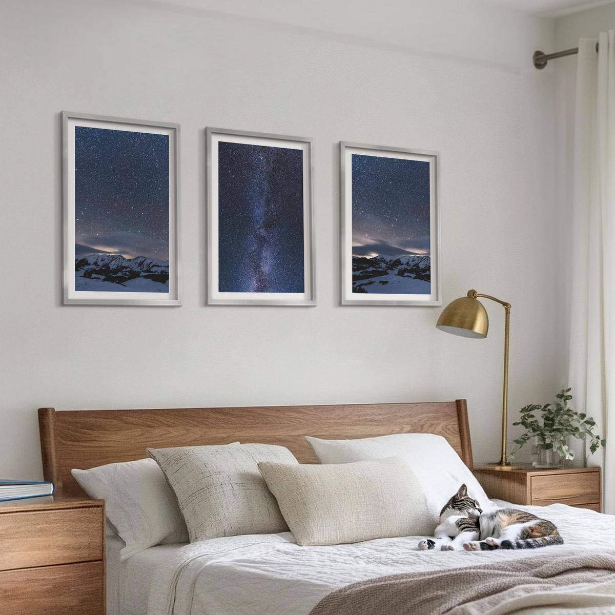 BILDER SET 3er Set - 40x60 cm Silberner Rahmen - Nachthimmel, Berge, Sterne - Silberfarben, Kunststoff (40/60cm) - TULUP