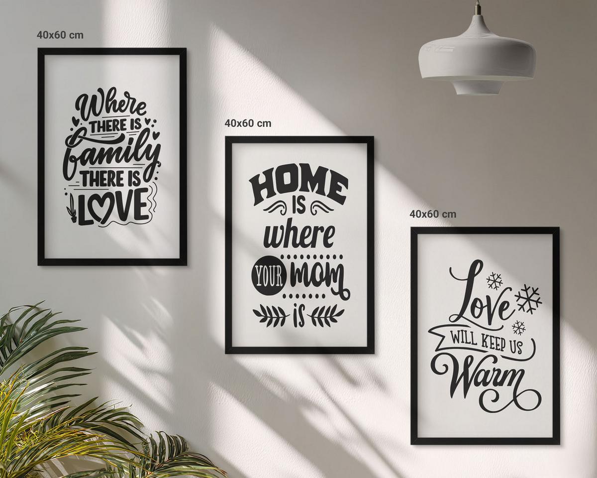 BILDER SET 3er Set - 40x60 cm Schwarzer Rahmen - Familie, Liebe, Zuhause, Wärme - Schwarz, Kunststoff (40/60cm) - TULUP