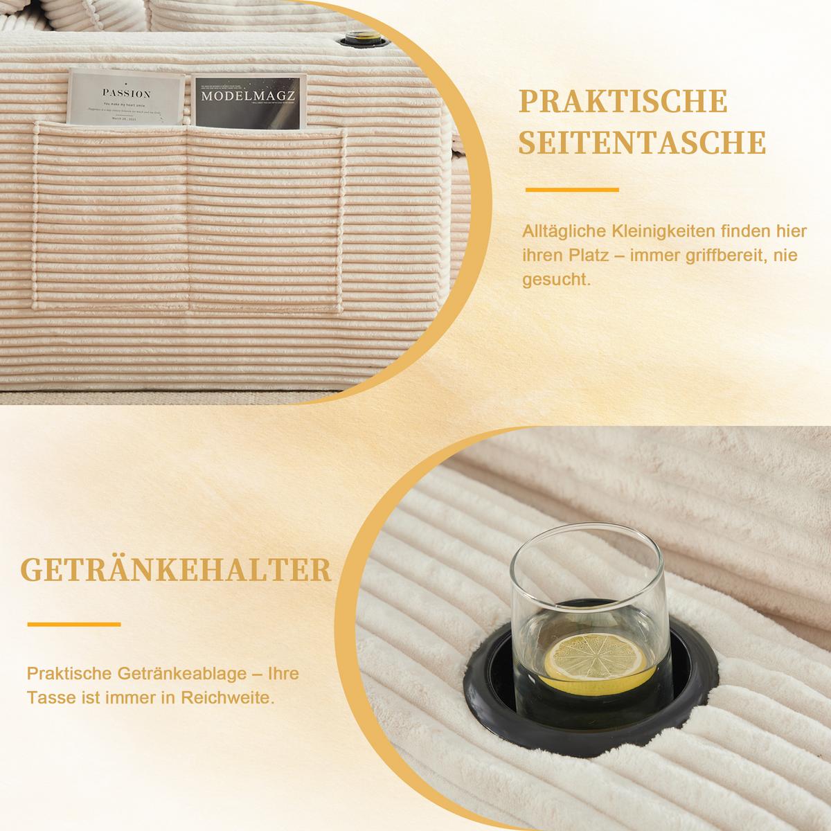 3-SITZER-SOFA aus chenille, mit fußhocker und getränkehalter - Beige, Textil (256/75/161cm) - Urban Meuble