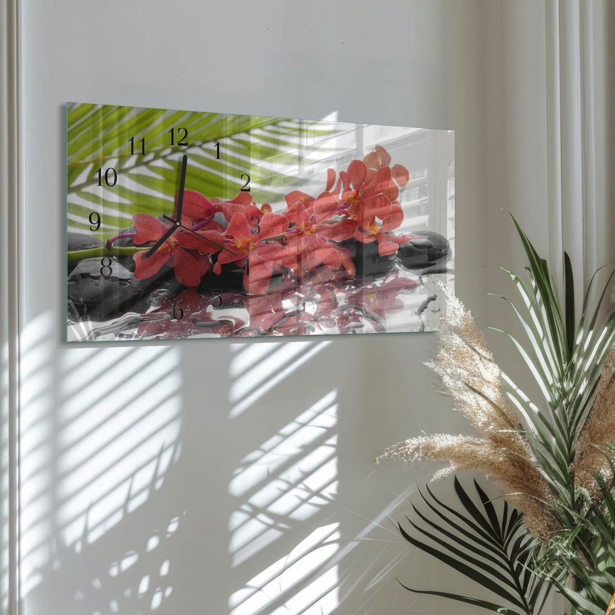 WANDUHR aus Glas 60x30 cm - Blumen und Steine - Rot, Glas (60/30/0.4cm) - TULUP