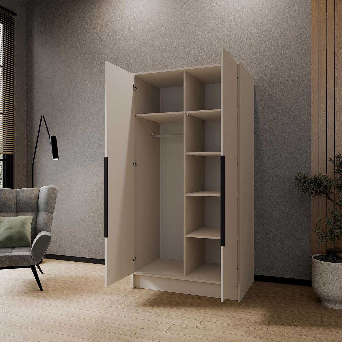 DREHTÜRENSCHRANK Laro mit Spiegel, Kaschmir mit mit schwarzen Griffen, 100 cm - Kaschmir, Holzwerkstoff (100/200/51cm) - Beautysofa
