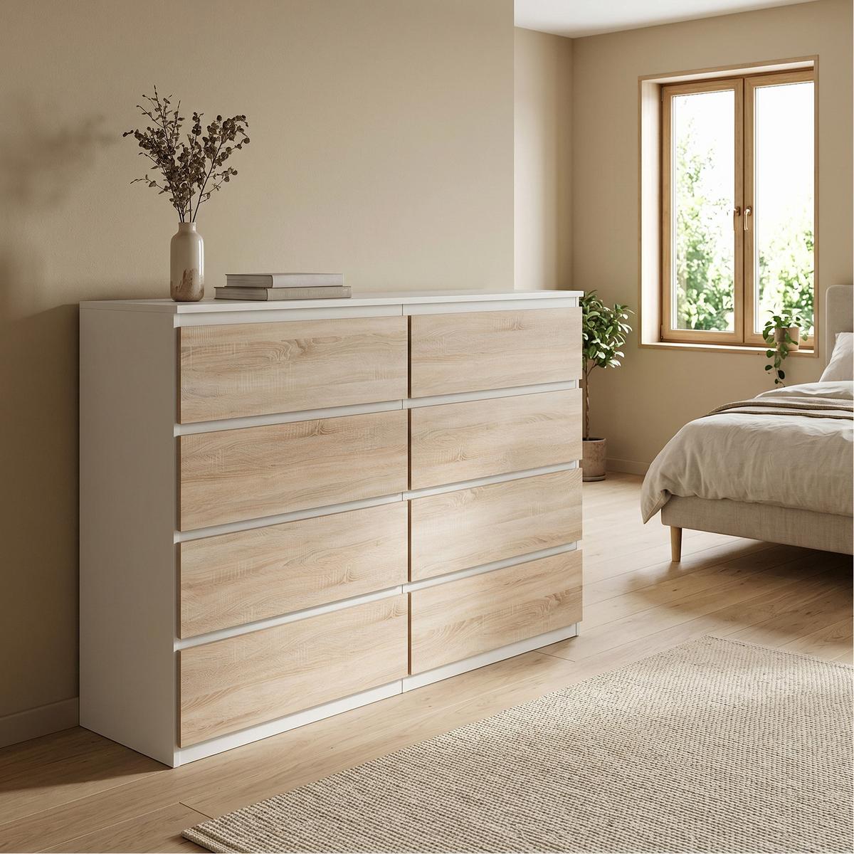 KOMMODE NUDO 120/101,5/39cm mit 8 Schubladen Türen Weiß - Weiß/Sonoma Eiche, Holzwerkstoff (120/101.5/39cm) - MASSENO