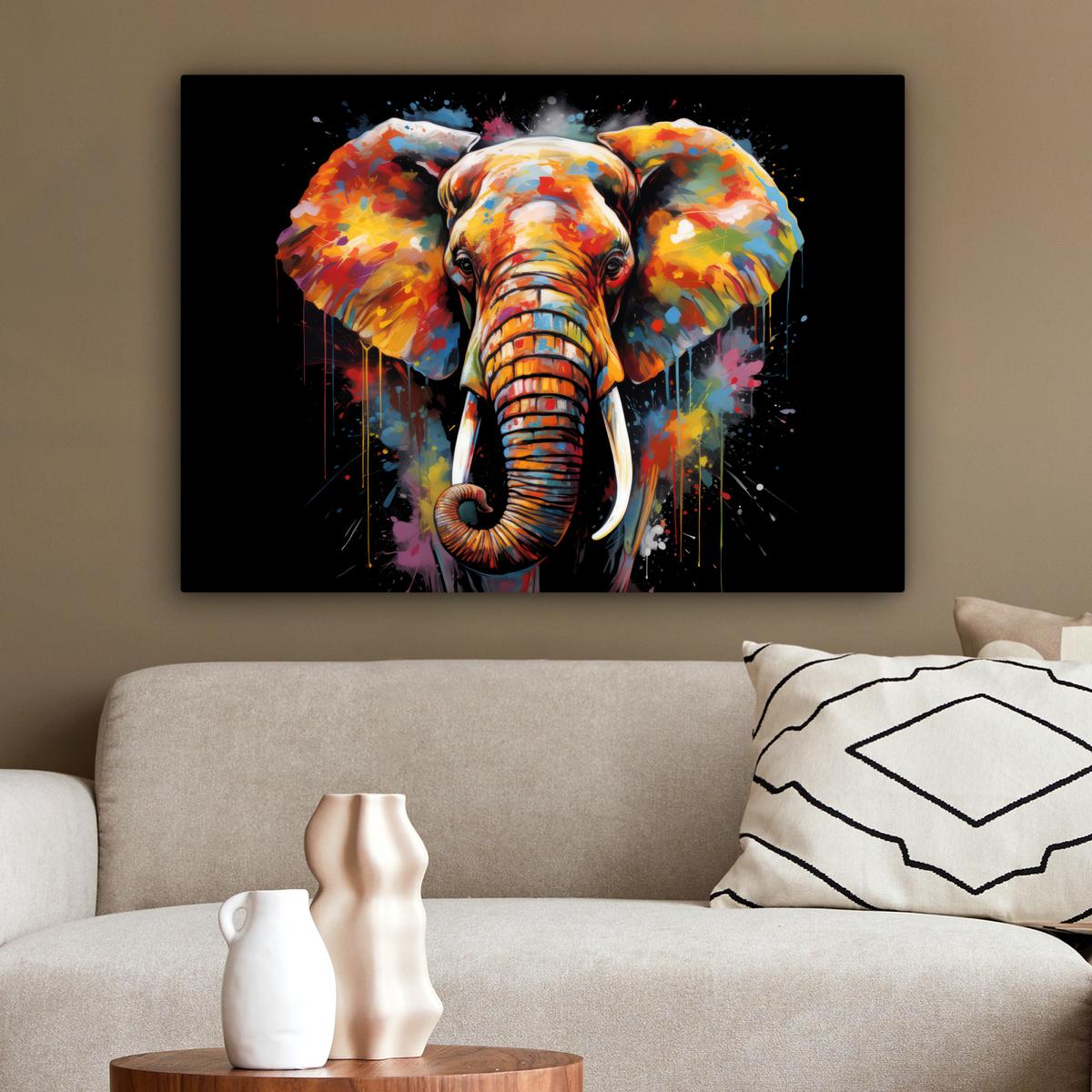 LEINWANDBILD Elefant - Graffiti - Schwarz - Tiere - Farben Wandbilder 80x60 cm - Schwarz, Textil (80/60cm) - MuchoWow