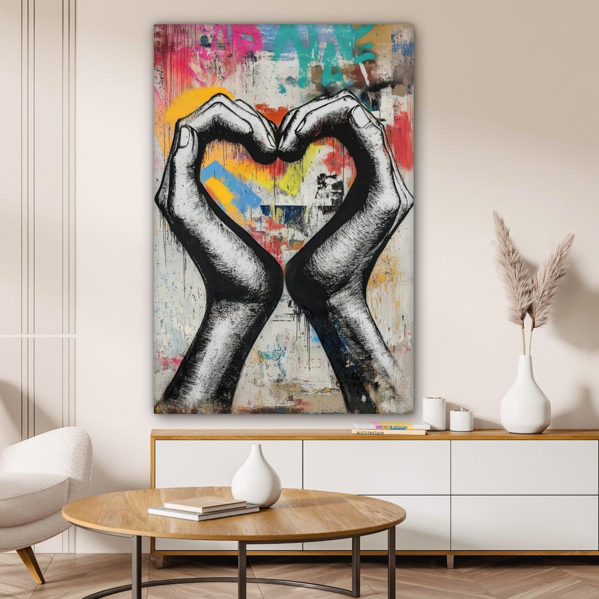 LEINWANDBILD Hände - Herz - Straßenkunst - Graffiti Deko Groß 90x140 cm - Multicolor, Textil (90/140cm) - MuchoWow
