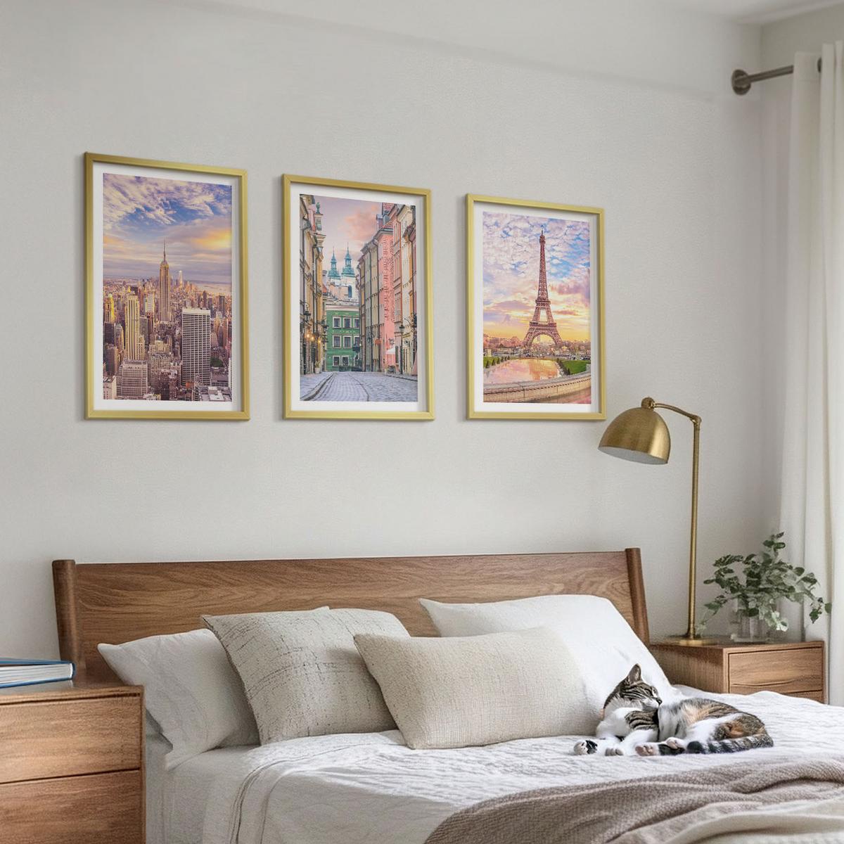 BILDER SET 3er Set - 40x60 cm Goldrahmen - Städte New York Paris Dämmerung - Goldfarben, Kunststoff (40/60cm) - TULUP
