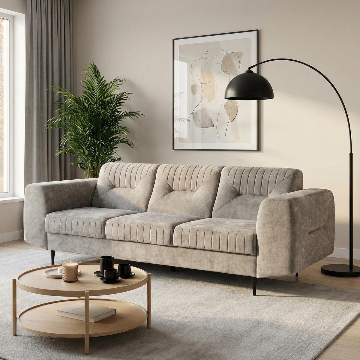 SOFA Venezia 3-Sitzer mit Metallbeinen, beige, 233 cm - Beige/Schwarz, Holzwerkstoff/Metall (223/85/94cm) - Beautysofa