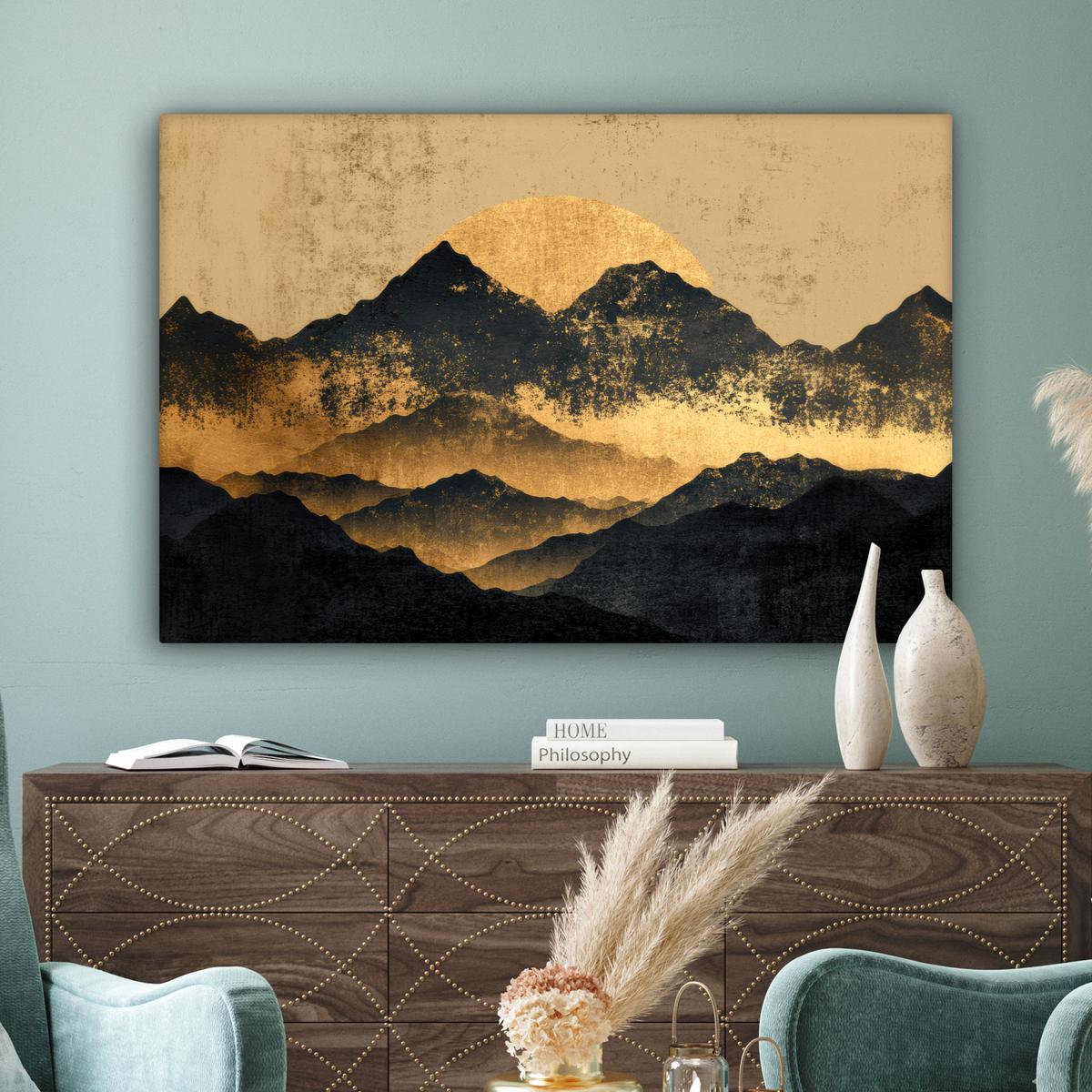 LEINWANDBILD Goldene Berge bei Mondschein Wohnzimmer Groß 120x80 cm - Goldfarben, Textil (120/80cm) - MuchoWow