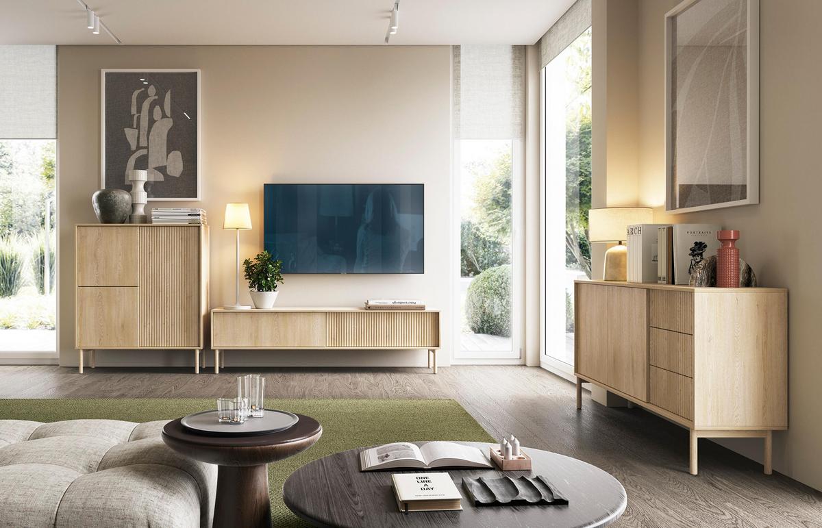 SIDEBOARD Trentinis 2T 3S Beige 153,5/81,4/39,5 cm – Geriffelte Fronten - Eichefarben, Holzwerkstoff/Metall (153.5/79.8/39.5cm) - AX Living