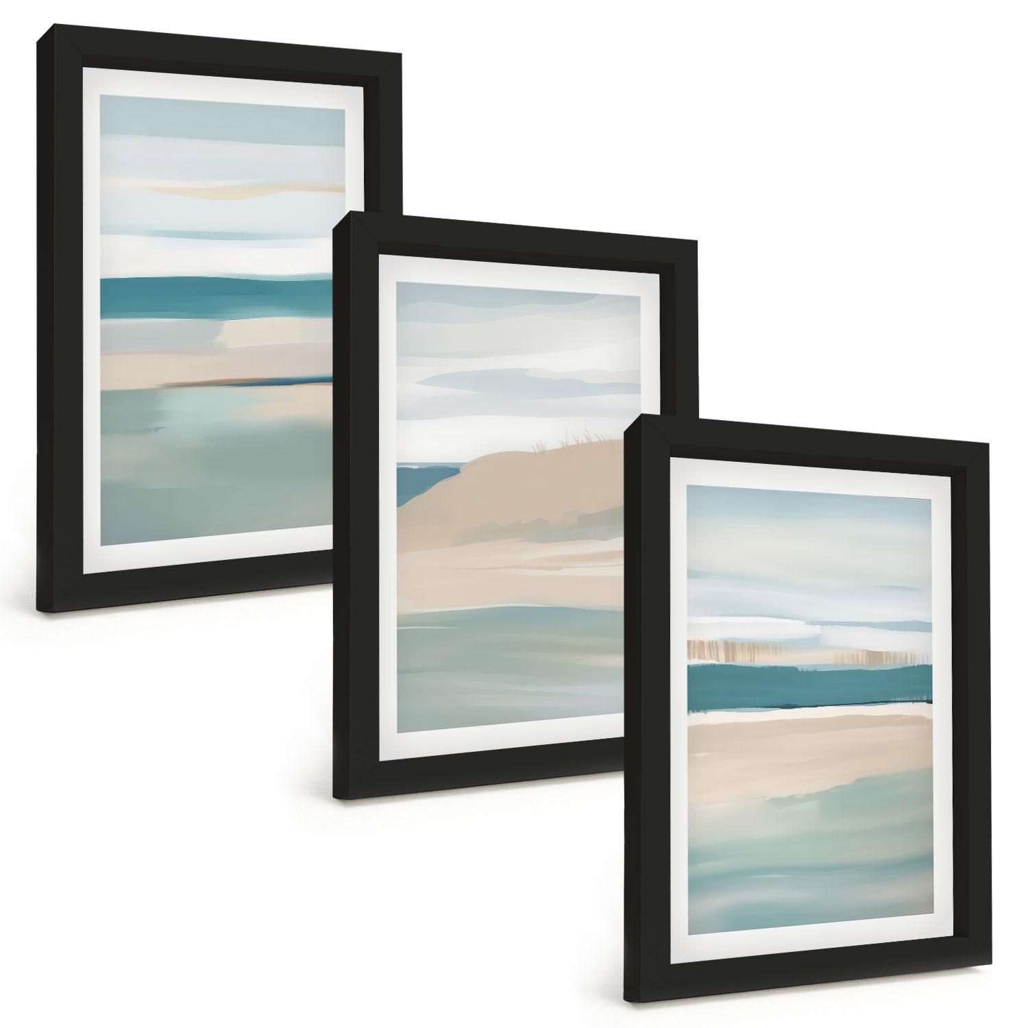 BILDER SET 3er Set - 20x30 cm Schwarzer Rahmen - Abstrakte blaue Landschaften - Schwarz, Kunststoff (20/30cm) - TULUP