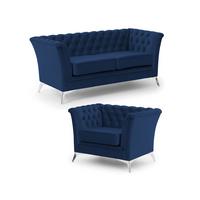 SITZGARNITUR 2+1 Chesterfield Whitby Marineblau Samt mit silbernen Füßen - Blau/Silberfarben, Holz/Textil (175/78/82cm) - S-Style Möbel