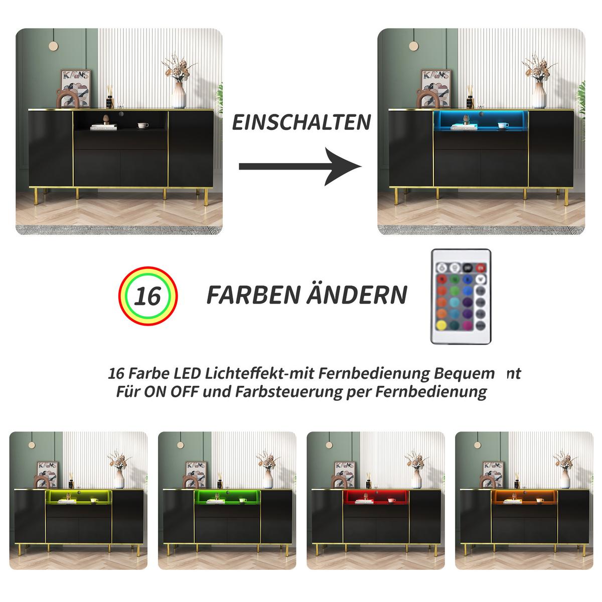 SIDEBOARD Schwarz mit LED 150/40/80 cm - Schwarz, Holzwerkstoff (40/80/150cm) - Urban Meuble